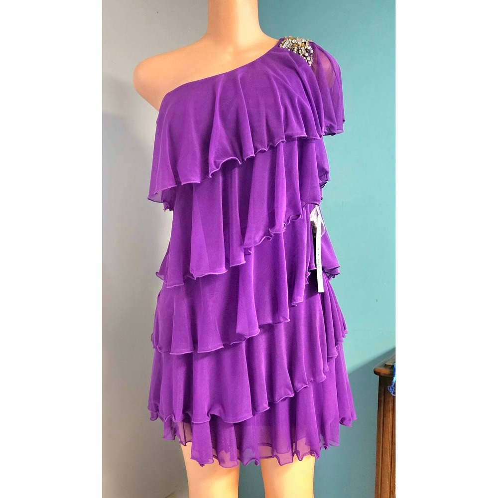 Jovani One Shoulder Ruffle Cocktail Dress Womens 4 Purple Crystal Butterfly1640A